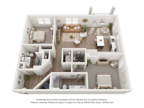 Floor plan for 2 beds, 2 baths, 1081 sqft